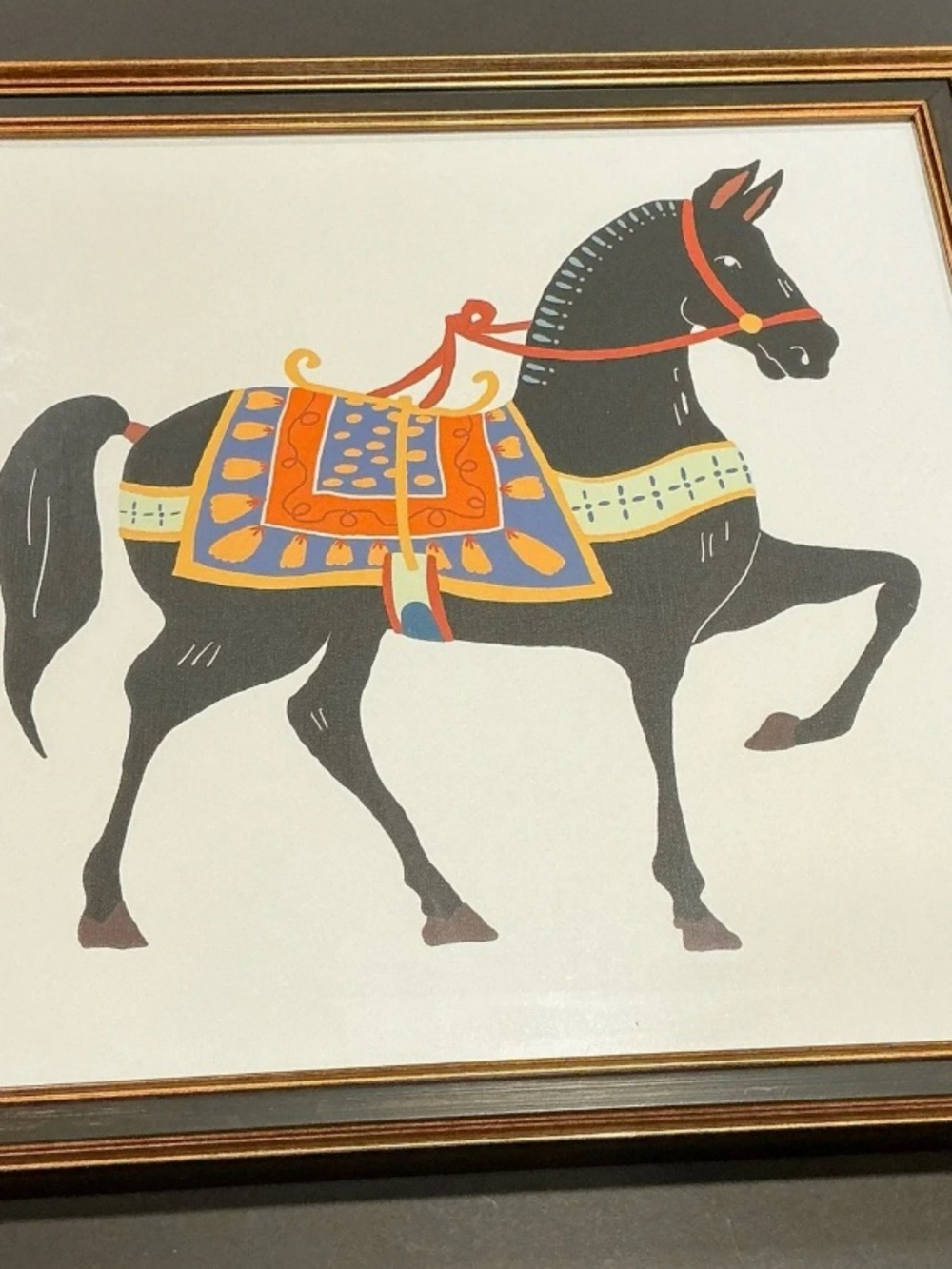 Black Horse Wall Art with Orange and Blue Saddle Accent